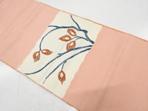 手織り紬　草花模様織り出し　名古屋帯